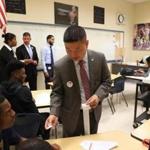  Boston Ma 9/8/16 Supt Chang at the New Mission High School in Hyde Park on first day of school handed out I Love Boston Schools stickers to students Globe photo David Ryan